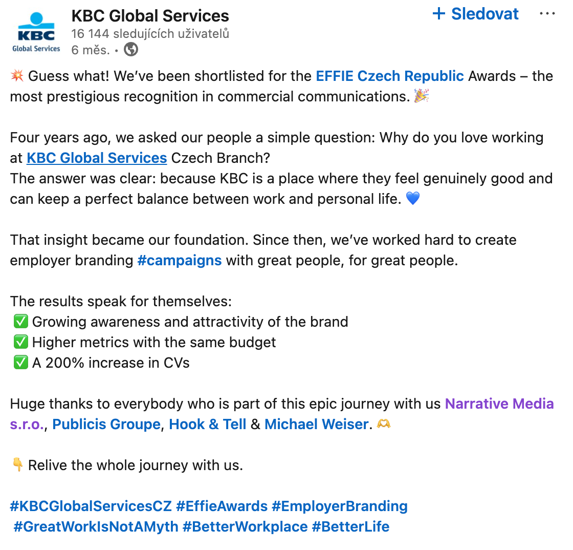 LinkedIn post KBC Global Services o nominaci na Effie Awards